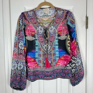 ASA Kaftans Geometric Floral Print Rhinestone Embellished Tassel Blouse